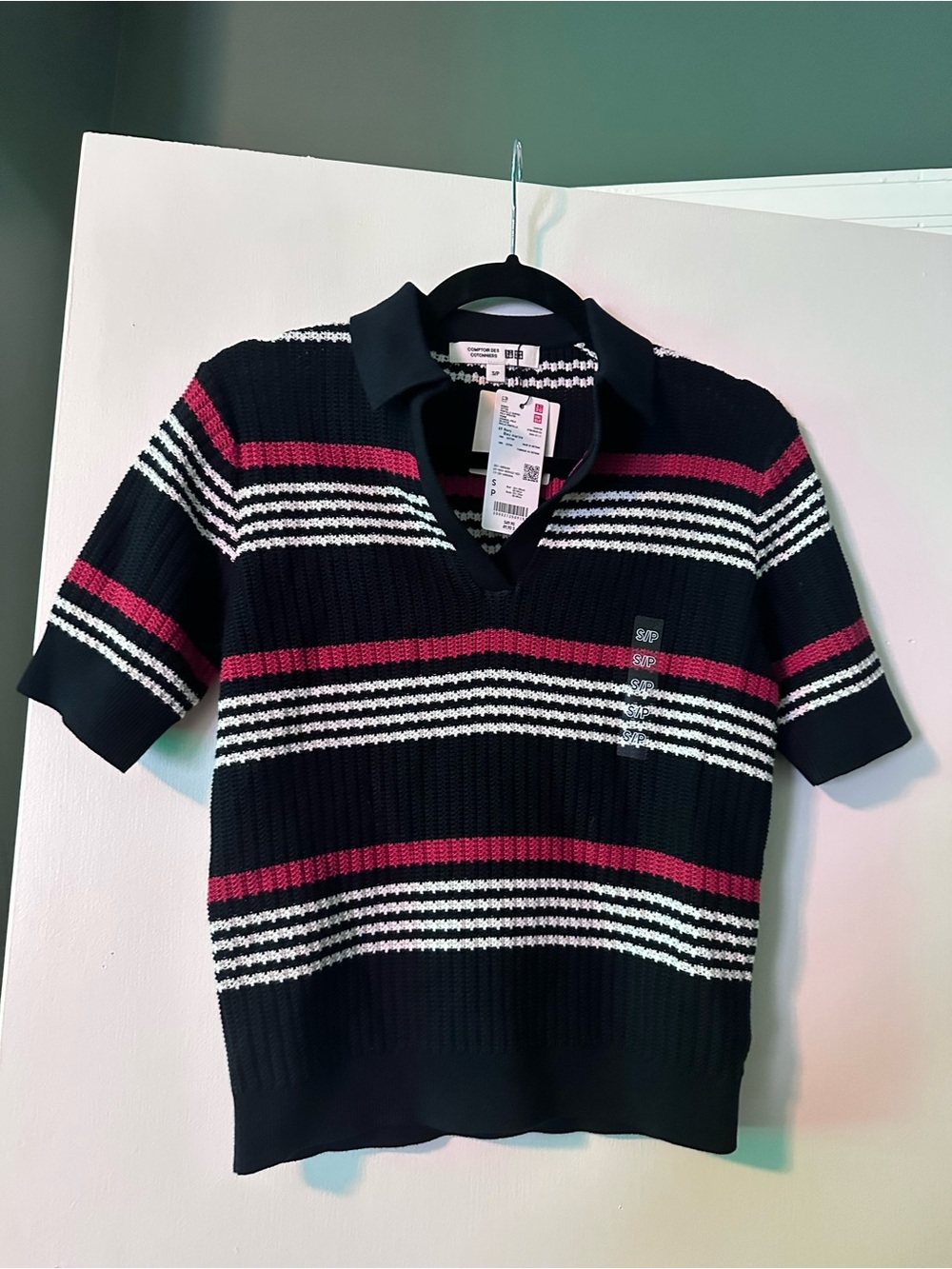 NWT Uniqlo Polo-Style Striped Knit Top - Black with White & Magenta Stripes